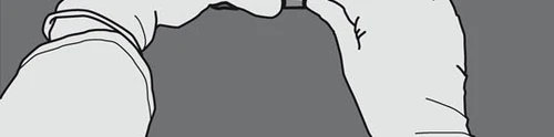 Stylized black and white drawing showing two hands holding and opening a medical container or wrapper over a dark gray background