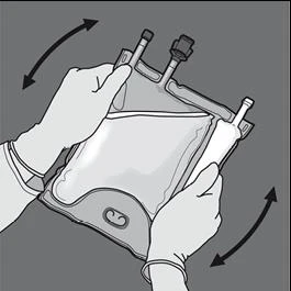 Two hands holding and gently shaking a transparent medical bag with upper tubes between two black curved arrows indicating movement