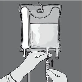 Diagram showing gloved hands manipulating the connector of an infusion bag hanging from a medical stand