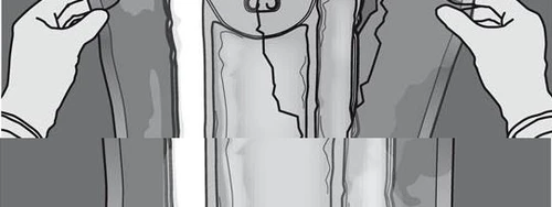 Black and white drawing showing two hands holding the sides of a medical container or package to open or handle it