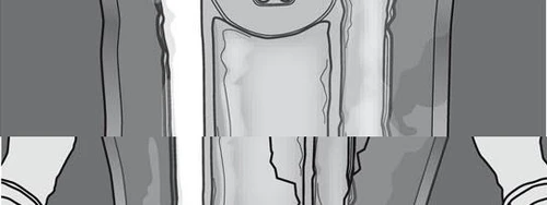 Black and white drawing showing the top of a medical vial with vertical graphic details and shading on a gray background