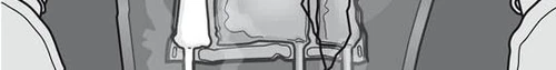 Stylized black and white drawing showing two medicine vials placed on a stand with connecting tubes