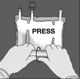 Two hands pressing the bottom of a flexible medical bag labeled PRESS to expel the contents toward the