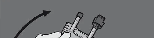 A hand rotating a medical device composed of a cylinder with cap and a component with a ring on a gray background with a black curved arrow