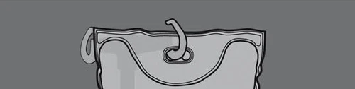 Stylized black and white drawing of a medical bag with a top opening and a central curved hook on a gray background