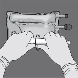 Two hands holding and rotating a cylindrical medical device with a cap on the right and a