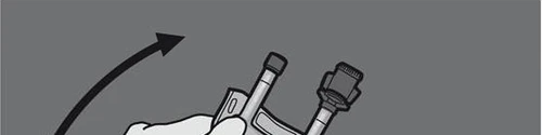 Black and white illustration showing a hand rotating a medical device to the right as indicated by a black curved arrow