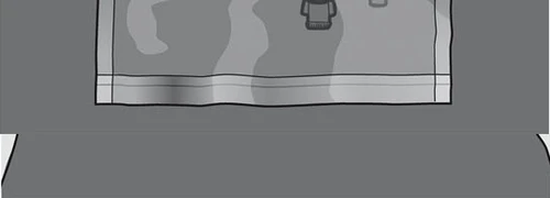 Stylized drawing of a medicine package with clothing icons and a shaded gray surface on a dark background