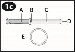 Техническая схема с обозначениями A, B, C, D и кругом E, указывающими различные компоненты медицинского устройства в форме шприца