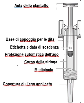 Technical diagram of a syringe with labels indicating plunger rod, finger grip, label, needle shield, barrel, medication, and cap