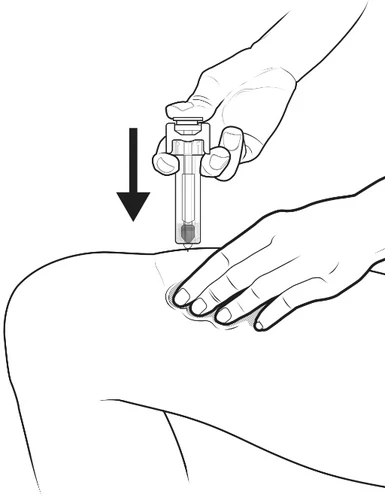 A hand holding a medical device and pressing it downward onto a thigh following the direction of a vertical black arrow