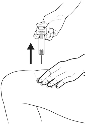 A hand holding a syringe above a thigh with a black arrow pointing downward