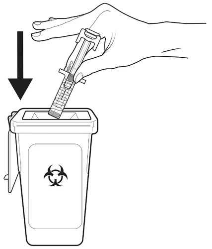 A hand holding a syringe and inserting it vertically into a biohazard waste container marked with the biohazard symbol