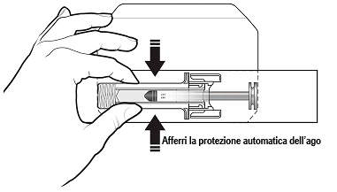 A hand grasping the automatic needle shield