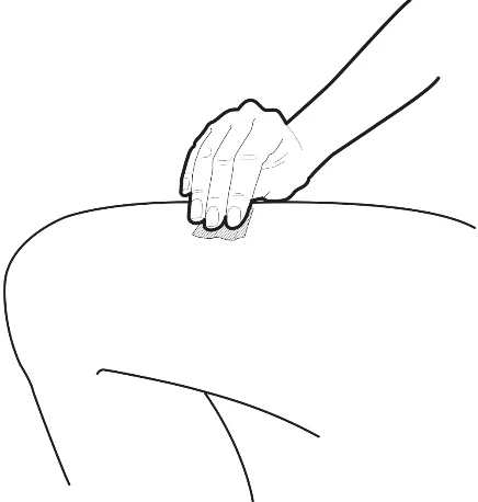 Line drawing of a hand pressing a small pad or gauze onto the upper thigh or knee