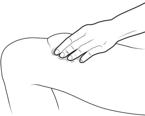 Black line drawing of a hand gently pressing on the upper knee or thigh with fingers spread