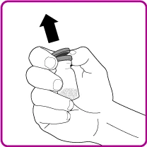 Two hands holding a glass vial with a gray cap and a black arrow pointing towards the