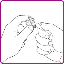 Two hands holding and opening a small plastic container or cap to prepare the medication in a line drawing on a white background
