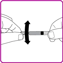 Two hands holding a cylindrical medical device with a black double-headed arrow indicating vertical sliding movement