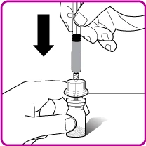 One hand pressing a syringe with liquid vertically downward onto the cap of a glass vial indicated by a black arrow pointing downward