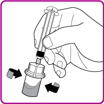 One hand holding a syringe with needle inserted into a glass vial with black arrows indicating rotational movement for the