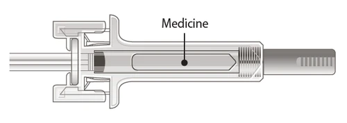 Diagrama técnico de una jeringa en posición horizontal con una línea que indica la posición del medicamento en su interior