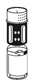 Technical black and white drawing of a cylindrical medical vial with a perforated upper cap and a transparent lower body containing bubbles