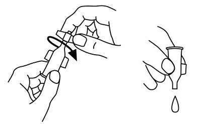 Disegno lineare che mostra due mani che ruotano un dispositivo medico e una mano che tiene il dispositivo con una goccia che cade dal fondo
