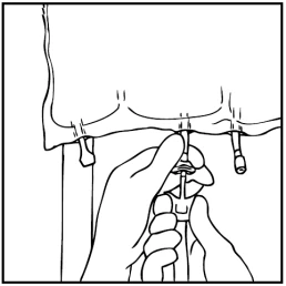 Two hands hold and manipulate the top of a medical device with small tubes and thin connectors on a white background