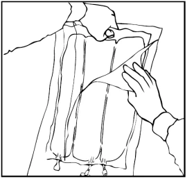 Black and white drawing showing a person opening a plastic bag with one hand while the