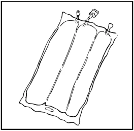 Black and white drawing of a rectangular medical infusion bag with tubes and connectors at the top