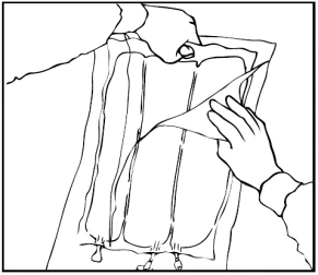 Black and white drawing showing a person holding and opening a transparent plastic bag with two hands