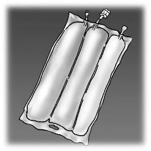 Bag-type medical device with three vertical tubes and an upper valve on a shaded gray background