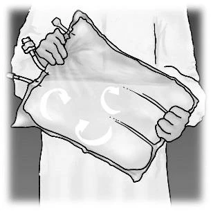 A person holds an infusion bag with both hands and follows white circular arrows to gently agitate it
