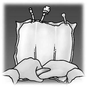 Black and white drawing of an infusion bag with two upper tubes and a lower connector placed above crumpled fabric