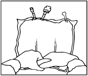 Black and white drawing of an infusion bag with two upper tubes and a base folded upon itself