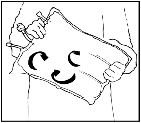 Black and white drawing of a person holding an infusion bag with three curved arrows indicating continuous rotational movement