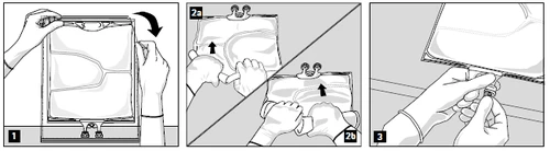 Tre diagrammi che mostrano come aprire una confezione di farmaco piegandola e tirando i bordi per estrarre il contenuto interno