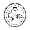 Circular diagram with downward arrow indicating number 1 and curved arrow with number 2 showing a rotational movement around a central point