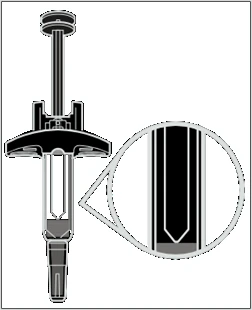 Diagramma tecnico di una siringa con pistone e un ingrandimento circolare che mostra il dettaglio della punta dell'ago e del corpo cilindrico