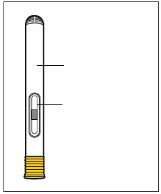 Disegno tecnico di un dispositivo medico cilindrico bianco con una finestra di controllo rettangolare centrale e una base a strisce gialle