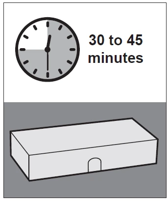 Orologio analogico con lancette che indicano un intervallo di tempo accanto alla scritta 30 to 45 minutes sopra una scatola rettangolare grigia