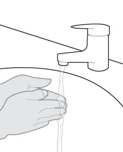 Disegno lineare di due mani che si lavano sotto un getto d'acqua che esce da un rubinetto sopra un lavandino