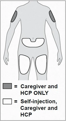Schema del corpo umano con aree grigie sulle braccia per caregiver e medici e aree bianche su addome e cosce per auto-iniezione e altri