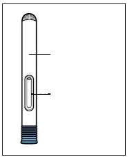 Disegno tecnico di un dispositivo medico cilindrico con una finestra di controllo ovale e una base con scanalature orizzontali blu