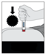 Una mano impugna una penna iniettiva premendola contro la pelle con una freccia nera che indica il movimento verso il basso