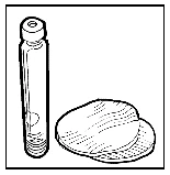 Disegno in bianco e nero di una fiala cilindrica verticale accanto a un disco piatto o un tappo circolare con texture striata