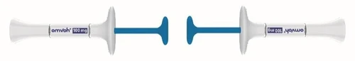 Two white and blue injection pens with the label Omvoh 100 mg arranged symmetrically with plungers pointing towards the viewer
