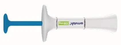 Omvoh 200 mg medical device with white body and flat handle, equipped with a blue plunger on the left and a