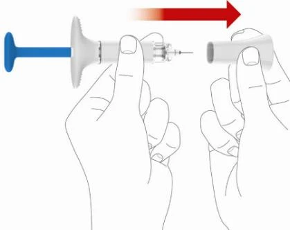 Two hands separating a medical device consisting of a syringe body with a blue plunger and a white protective cap indicated by a red arrow